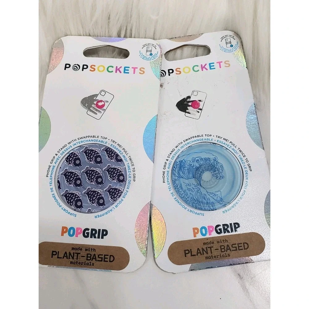 LOT 2 PopSockets Cell Phone Grip FISH‎ OCEAN WAVES blue nautical beach surfer